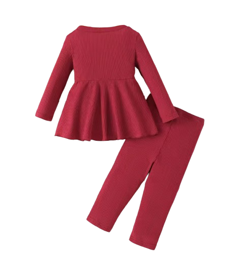 The Analeia - Girls Korean Style Wine Red Ribbed Knit Set with Big Bow Accent Outfit