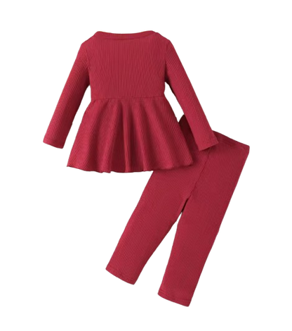 The Analeia - Girls Korean Style Wine Red Ribbed Knit Set with Big Bow Accent Outfit