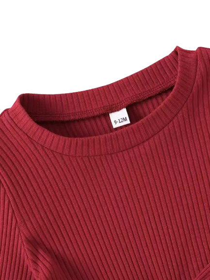 The Analeia - Girls Korean Style Wine Red Ribbed Knit Set with Big Bow Accent Outfit