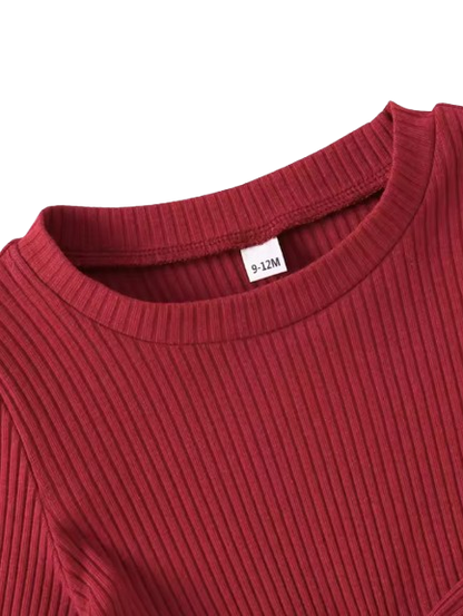 The Analeia - Girls Korean Style Wine Red Ribbed Knit Set with Big Bow Accent Outfit