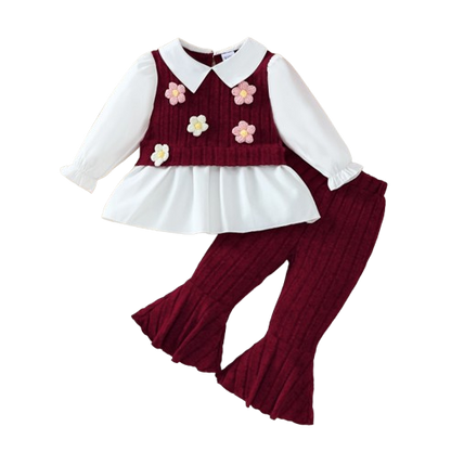 The Faye - Toddler Girl 3-Piece Color Block Blouse Vest Flared Pants Outfit Set