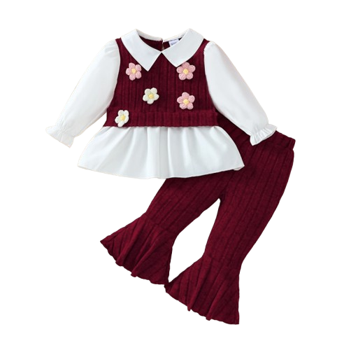 The Faye - Toddler Girl 3-Piece Color Block Blouse Vest Flared Pants Outfit Set