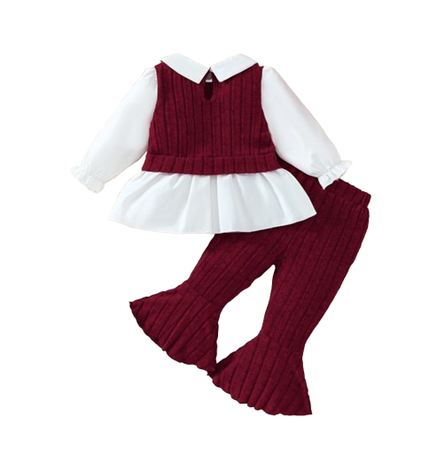 The Faye - Toddler Girl 3-Piece Color Block Blouse Vest Flared Pants Outfit Set
