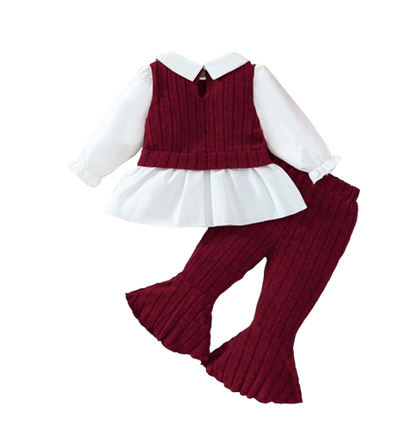 The Faye - Toddler Girl 3-Piece Color Block Blouse Vest Flared Pants Outfit Set