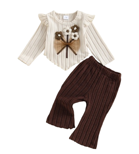 The Clover - Baby Girl Autumn 3D Flower Bow Top with Brown Bell Bottom Pants Set