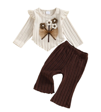 The Clover - Baby Girl Autumn 3D Flower Bow Top with Brown Bell Bottom Pants Set
