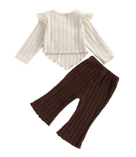 The Clover - Baby Girl Autumn 3D Flower Bow Top with Brown Bell Bottom Pants Set