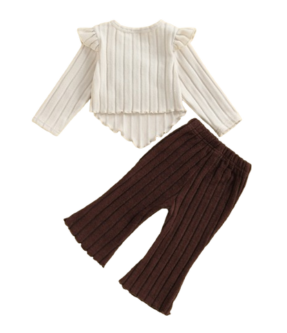 The Clover - Baby Girl Autumn 3D Flower Bow Top with Brown Bell Bottom Pants Set