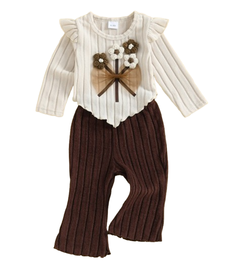 The Clover - Baby Girl Autumn 3D Flower Bow Top with Brown Bell Bottom Pants Set