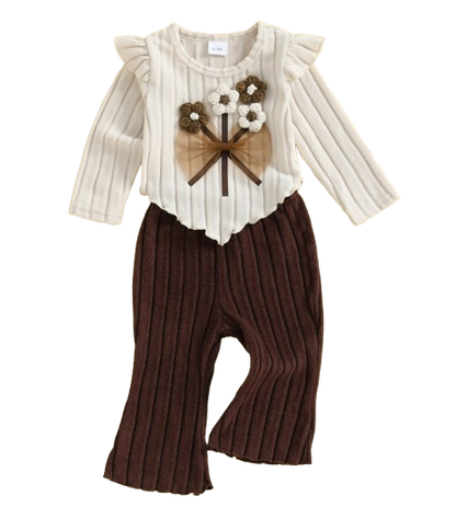 The Clover - Baby Girl Autumn 3D Flower Bow Top with Brown Bell Bottom Pants Set