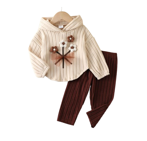 The Eve - Baby Girl 2-Piece Hooded Set: 3D Flower Top & Slim Pants Winter Outfit