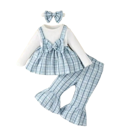 The Jovie - Baby Girl Romantic Blue Checkered Set: Long Sleeve Top, Pants & Headband