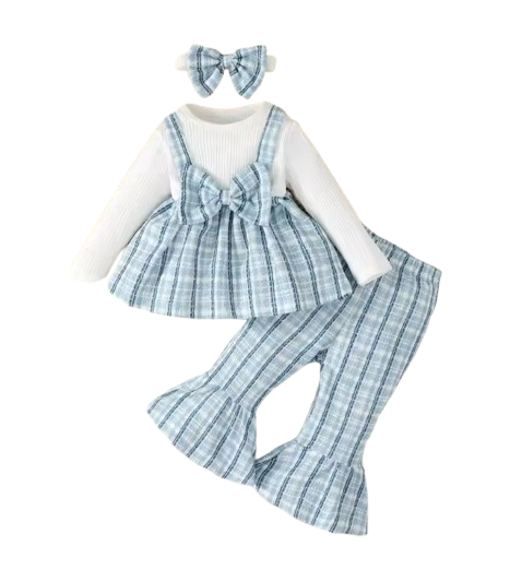 The Jovie - Baby Girl Romantic Blue Checkered Set: Long Sleeve Top, Pants & Headband