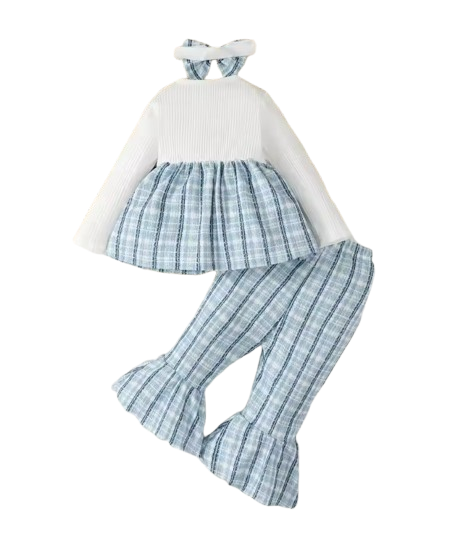 The Jovie - Baby Girl Romantic Blue Checkered Set: Long Sleeve Top, Pants & Headband