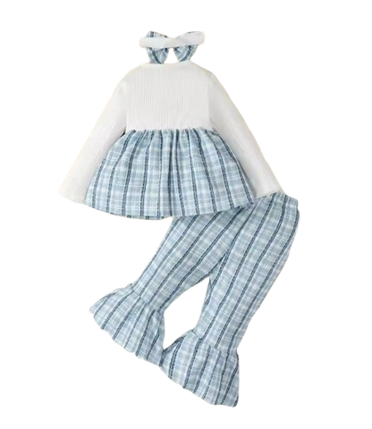 The Jovie - Baby Girl Romantic Blue Checkered Set: Long Sleeve Top, Pants & Headband