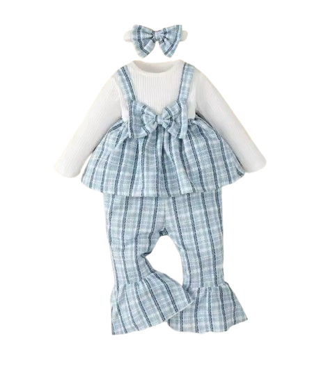The Jovie - Baby Girl Romantic Blue Checkered Set: Long Sleeve Top, Pants & Headband