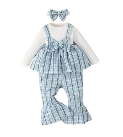 The Jovie - Baby Girl Romantic Blue Checkered Set: Long Sleeve Top, Pants & Headband