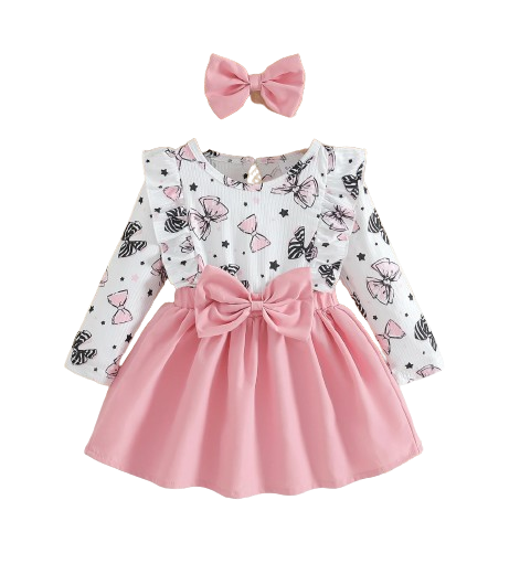 The Marlowe - Baby Girl Cartoon Bow Ruffle Long Sleeve Fake Two‑Piece Splice Dress + Headband