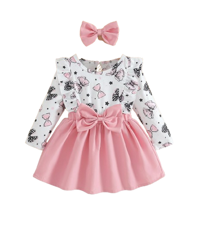 The Marlowe - Baby Girl Cartoon Bow Ruffle Long Sleeve Fake Two‑Piece Splice Dress + Headband