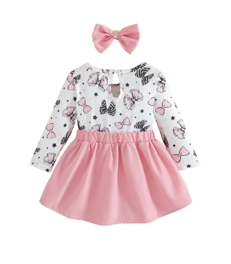 The Marlowe - Baby Girl Cartoon Bow Ruffle Long Sleeve Fake Two‑Piece Splice Dress + Headband