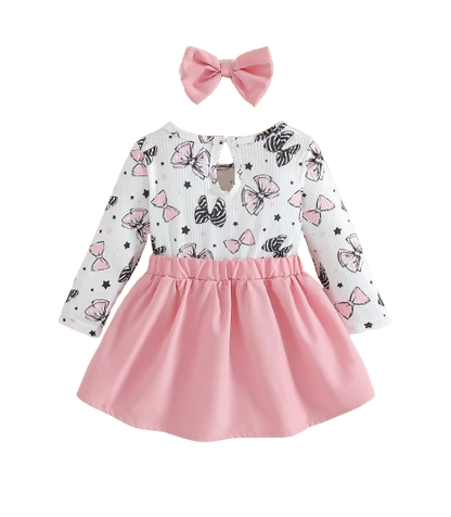 The Marlowe - Baby Girl Cartoon Bow Ruffle Long Sleeve Fake Two‑Piece Splice Dress + Headband
