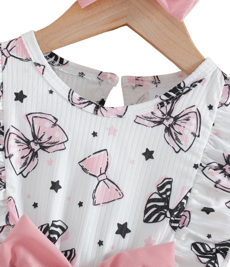 The Marlowe - Baby Girl Cartoon Bow Ruffle Long Sleeve Fake Two‑Piece Splice Dress + Headband