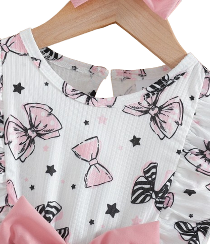 The Marlowe - Baby Girl Cartoon Bow Ruffle Long Sleeve Fake Two‑Piece Splice Dress + Headband