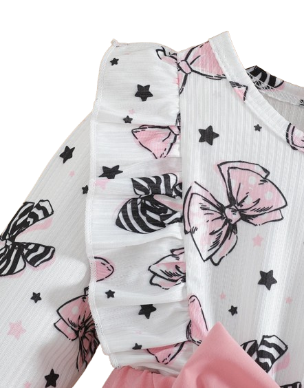 The Marlowe - Baby Girl Cartoon Bow Ruffle Long Sleeve Fake Two‑Piece Splice Dress + Headband