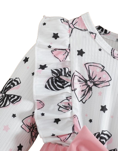 The Marlowe - Baby Girl Cartoon Bow Ruffle Long Sleeve Fake Two‑Piece Splice Dress + Headband