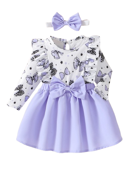 The Marlowe - Baby Girl Cartoon Bow Ruffle Long Sleeve Fake Two‑Piece Splice Dress + Headband