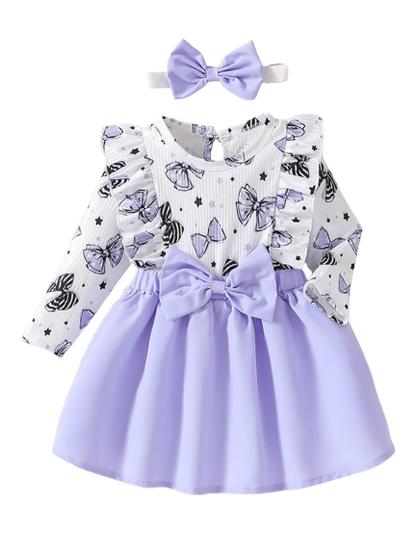 The Marlowe - Baby Girl Cartoon Bow Ruffle Long Sleeve Fake Two‑Piece Splice Dress + Headband