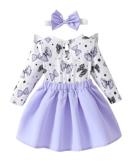 The Marlowe - Baby Girl Cartoon Bow Ruffle Long Sleeve Fake Two‑Piece Splice Dress + Headband