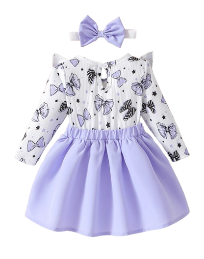 The Marlowe - Baby Girl Cartoon Bow Ruffle Long Sleeve Fake Two‑Piece Splice Dress + Headband