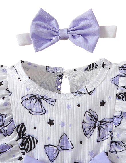 The Marlowe - Baby Girl Cartoon Bow Ruffle Long Sleeve Fake Two‑Piece Splice Dress + Headband