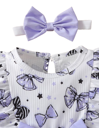 The Marlowe - Baby Girl Cartoon Bow Ruffle Long Sleeve Fake Two‑Piece Splice Dress + Headband