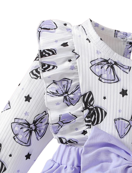 The Marlowe - Baby Girl Cartoon Bow Ruffle Long Sleeve Fake Two‑Piece Splice Dress + Headband