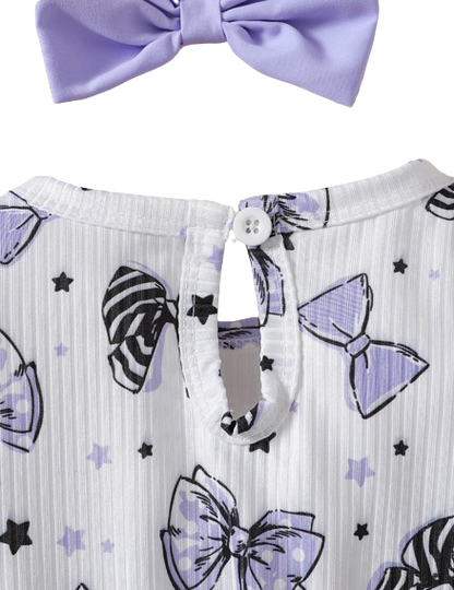The Marlowe - Baby Girl Cartoon Bow Ruffle Long Sleeve Fake Two‑Piece Splice Dress + Headband