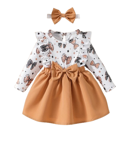 The Marlowe - Baby Girl Cartoon Bow Ruffle Long Sleeve Fake Two‑Piece Splice Dress + Headband