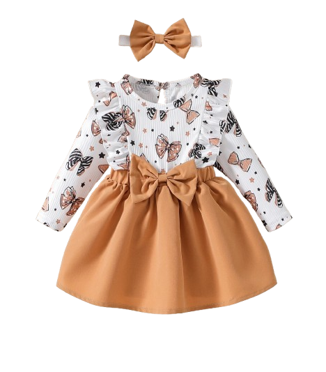 The Marlowe - Baby Girl Cartoon Bow Ruffle Long Sleeve Fake Two‑Piece Splice Dress + Headband