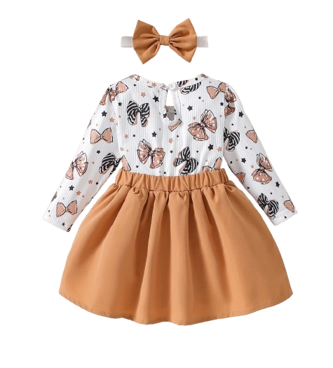 The Marlowe - Baby Girl Cartoon Bow Ruffle Long Sleeve Fake Two‑Piece Splice Dress + Headband