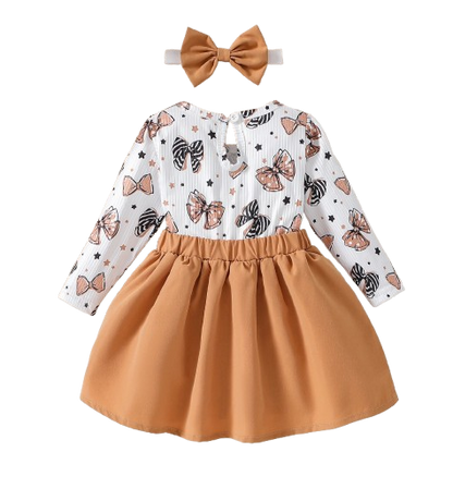 The Marlowe - Baby Girl Cartoon Bow Ruffle Long Sleeve Fake Two‑Piece Splice Dress + Headband