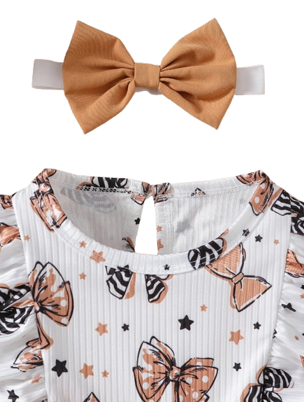 The Marlowe - Baby Girl Cartoon Bow Ruffle Long Sleeve Fake Two‑Piece Splice Dress + Headband