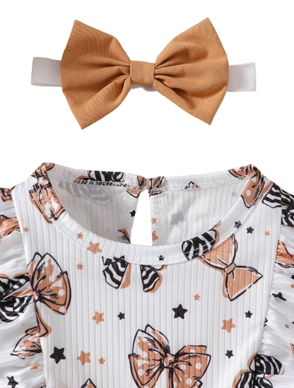 The Marlowe - Baby Girl Cartoon Bow Ruffle Long Sleeve Fake Two‑Piece Splice Dress + Headband