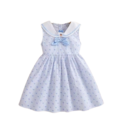 The Madelynn - Baby Girl Sleeveless Striped Heart Print Dress 100% Cotton Bow Collar Outfit