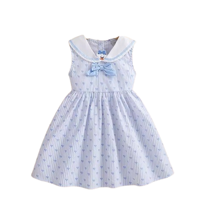 The Madelynn - Baby Girl Sleeveless Striped Heart Print Dress 100% Cotton Bow Collar Outfit