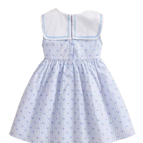 The Madelynn - Baby Girl Sleeveless Striped Heart Print Dress 100% Cotton Bow Collar Outfit