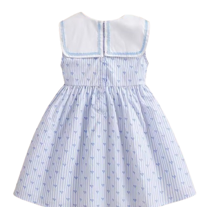 The Madelynn - Baby Girl Sleeveless Striped Heart Print Dress 100% Cotton Bow Collar Outfit