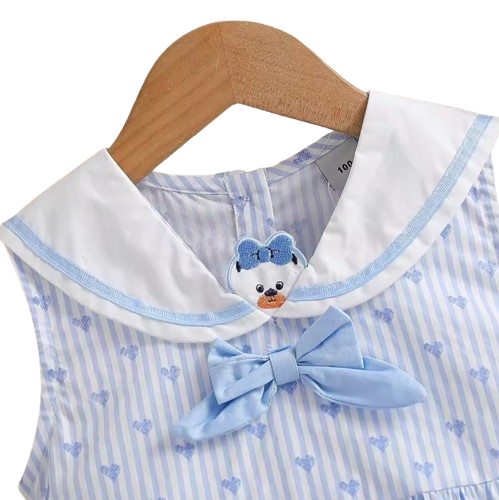 The Madelynn - Baby Girl Sleeveless Striped Heart Print Dress 100% Cotton Bow Collar Outfit