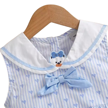 The Madelynn - Baby Girl Sleeveless Striped Heart Print Dress 100% Cotton Bow Collar Outfit