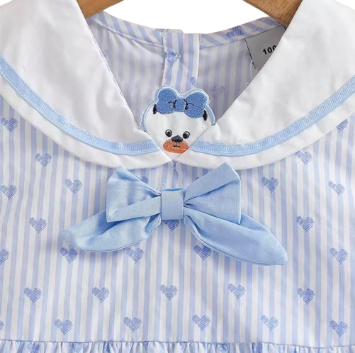 The Madelynn - Baby Girl Sleeveless Striped Heart Print Dress 100% Cotton Bow Collar Outfit
